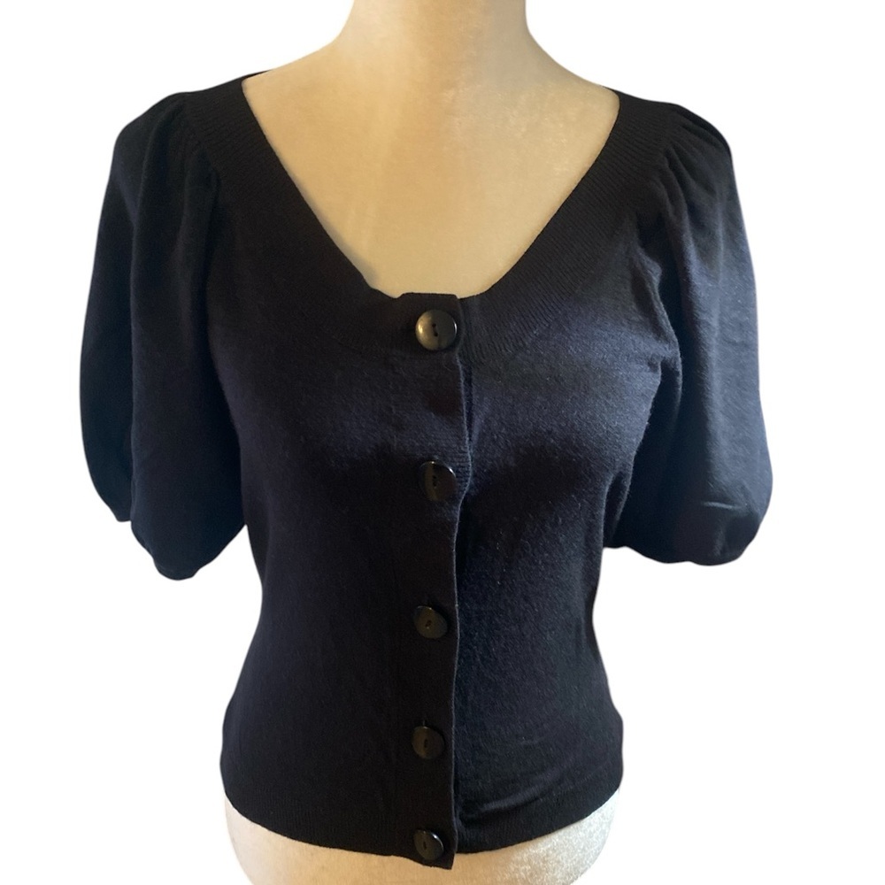 Worthington Puff Sleeved Black Button-Up Sweater